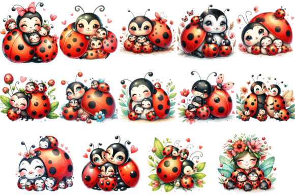 14 Watercolor Ladybugs Clipart Bundle