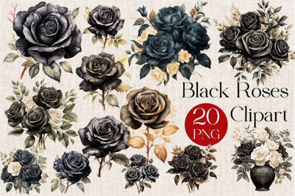 Black Watercolor Roses Clipart