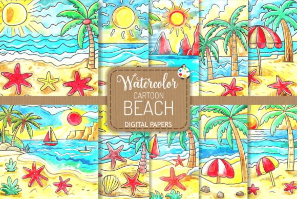 Cartoon Beach – Watercolor Doodle Scenes