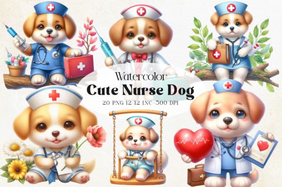 Cute Nurse Dog Watercolor Clipart