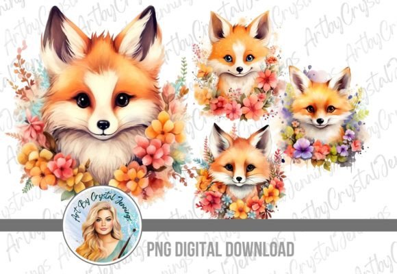 Cute Watercolor Floral Fox Animal PNG