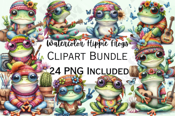 Cute Watercolor Hippie Frogs Clipart