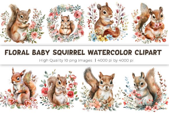 Floral Baby Squirrel Watercolor Clipart for Creatives