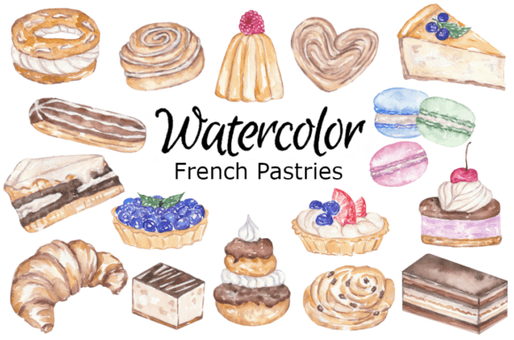 French Pastries Watercolor Clipart