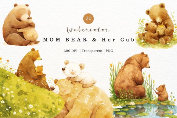 Mom and Baby Bear Watercolor Clipart for Branding and Design Projects