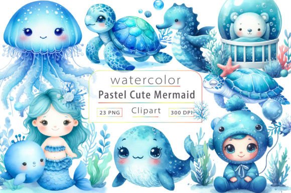Pastel Cute Mermaid Watercolor Clipart for Creative Projects