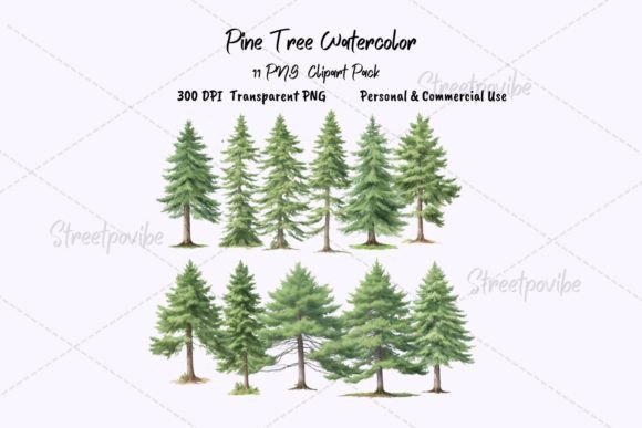Pine Tree Watercolor Clipart Pack