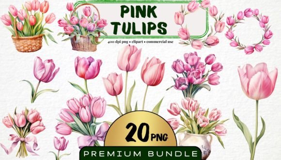 Pink Tulip Clipart Bundle Watercolor PNG