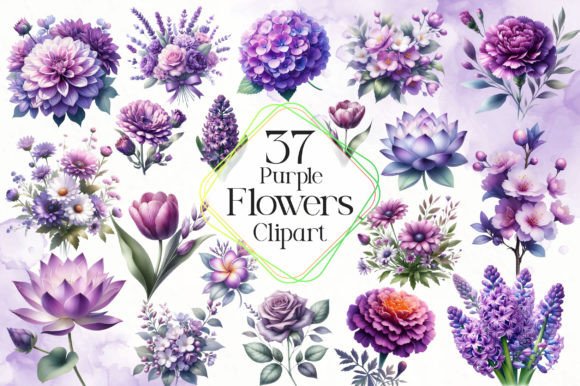 Purple Flowers Watercolor Clipart for Design and Branding