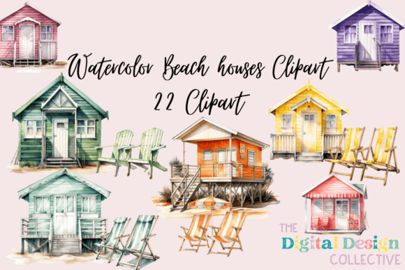 Watercolor Beach Houses Clipart for Creative Projects