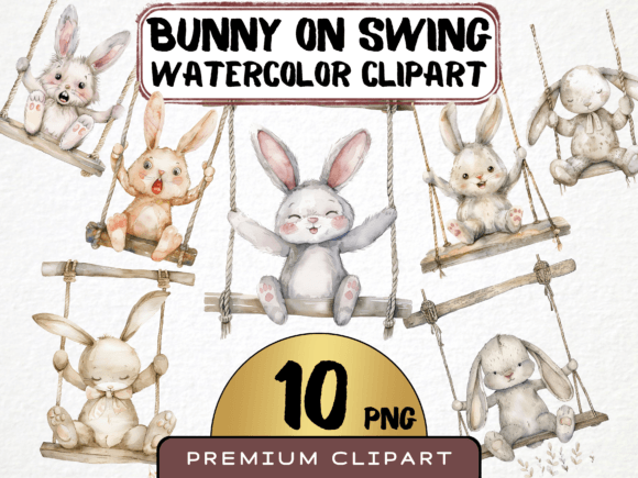 Watercolor Bunny on a Swing Clipart PNG