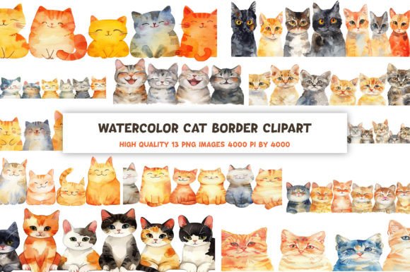 Watercolor Cat Borders Clipart for Creative Design