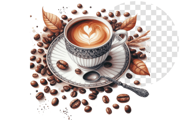 Watercolor Coffee Cup Beans Scene