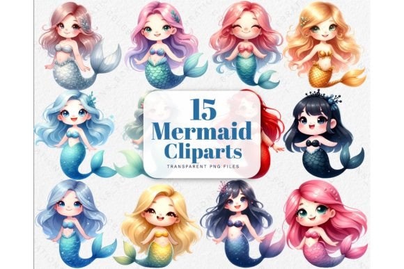Watercolor Cute Mermaid PNG Cliparts
