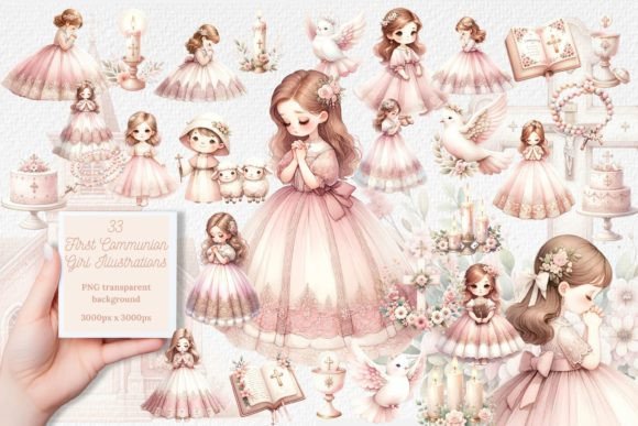 Watercolor First Communion Girl Illustrations