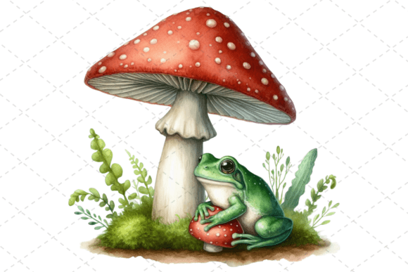 Watercolor Frog Under a Mushroom Clipart
