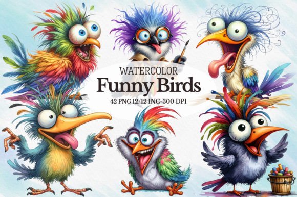 Watercolor Funny Birds Clipart Bundle