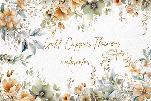 Watercolor Gold Teal Flowers Clipart Boho