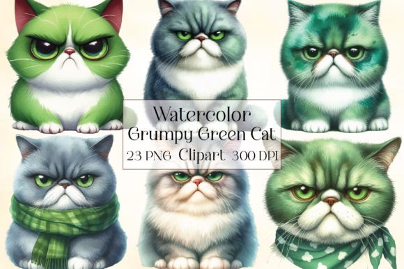 Watercolor Grumpy Green Cat Clipart
