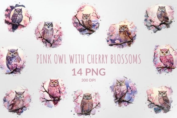 Watercolor Pink Owl with Cherry Blossoms: A Delicate Display Font