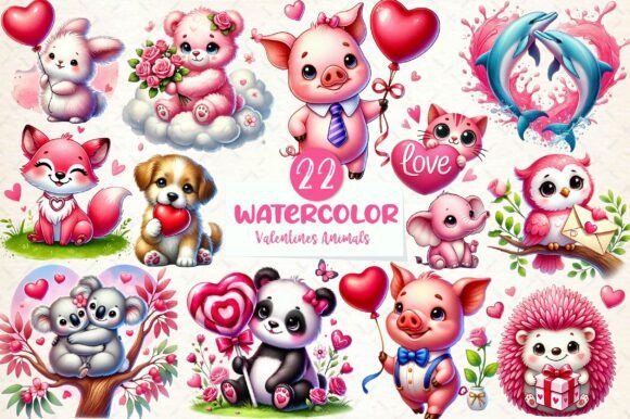 Watercolor Pink Valentines Animals: Design with Whimsy