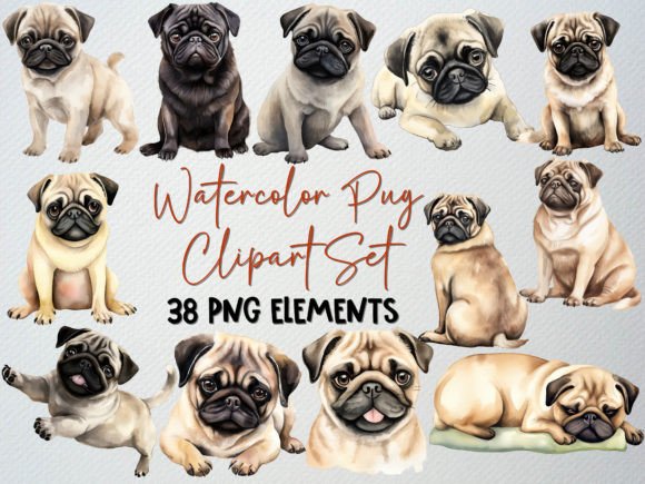 Watercolor Pug Clipart Set: Design Assets with Real Charm