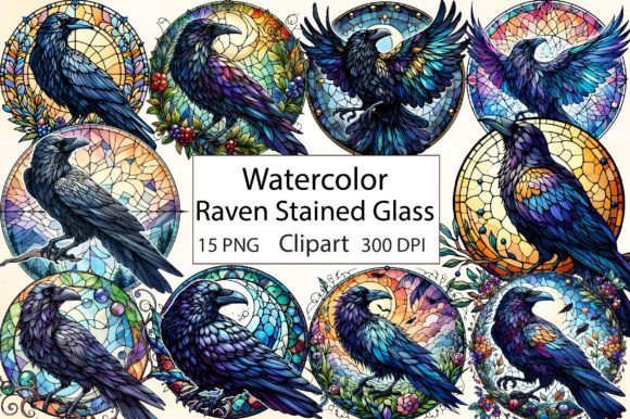 Watercolor Raven Stained Glass Clipart
