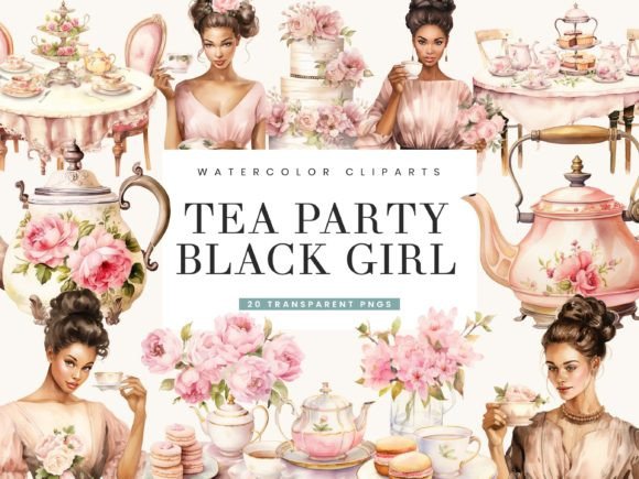 Watercolor Tea Party Black Girl Clipart