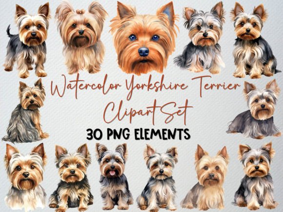 Watercolor Yorkshire Terrier Clipart Set