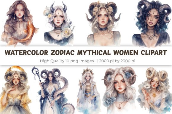 Watercolor Zodiac Mythical Women Clipart