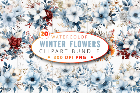 Winter Flowers Watercolor Clipart Bundle